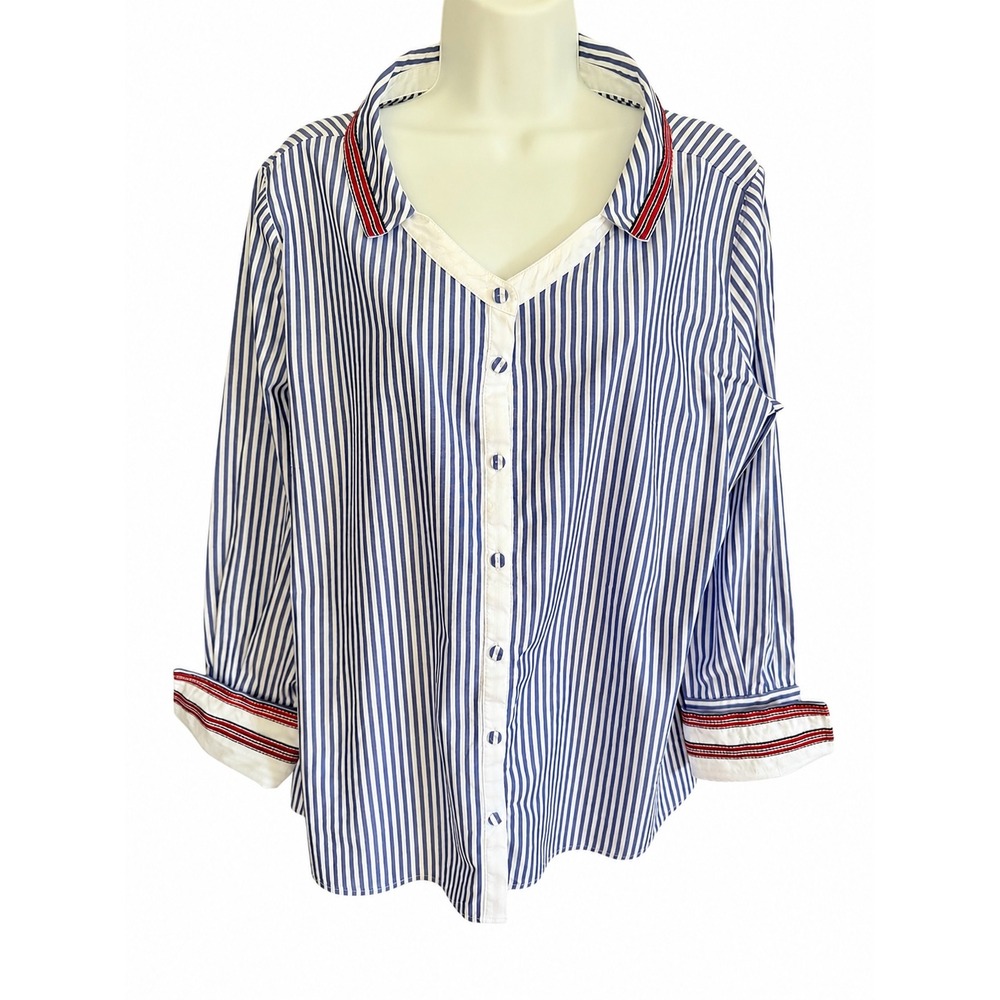 Milano Italy Blue White Striped Button Down Shirt Women SZ L 100%Cotton Preppy
